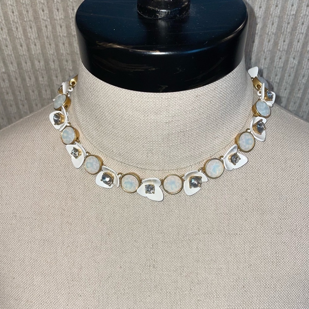 J Crew Gold Tone Crystal Enamel Floral Brulee Collar Necklace